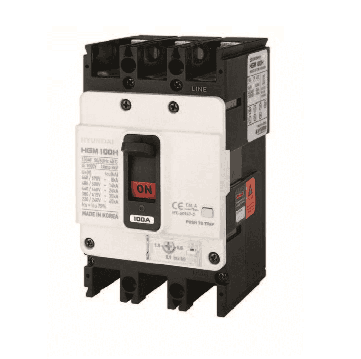 Disjoncteur automatique en boîtier moulé Hyundai HGM100 3P 32A 690V avec la référence HGM100-H3P032F de la marque HYUNDAI