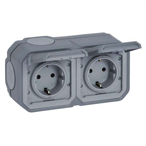 Double prise de courant monobloc Plexo IP 55 horizontal gris avec la référence 069742L de la marque LEGRAND