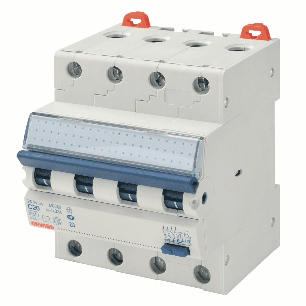 Interrupteur magnétothermique différentiel compact MDC 45 4P Courbe C 32A Classe AC avec la référence GW94070 de la marque GEWISS