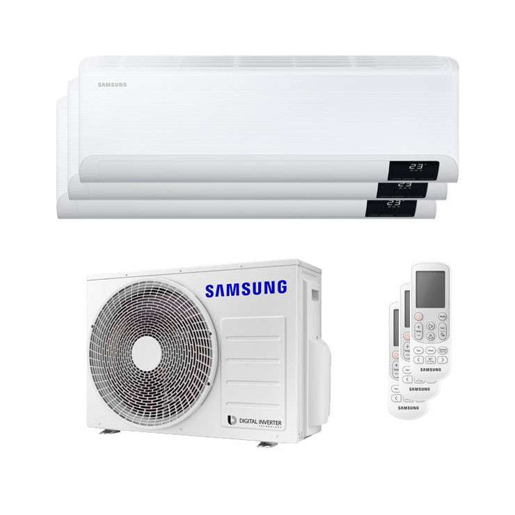 Climatiseur réversible tripler split Samsung Wind Free Comfort 2,5 kW 9000 BTU + 2,5 kW 9000 BTU + 3,5 kW 12000 BTU avec la référence KITSAMWINDFREE09+09+12 de la marque SAMSUNG