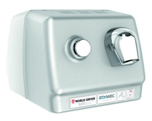 Sèche-mains à bouton-poussoir Airstyle en acier inoxydable satiné avec la référence GW02 06 04 01 de la marque GENWEC