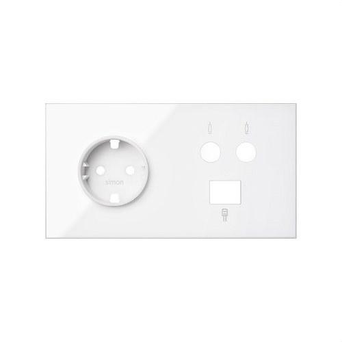 Kit frontal pour 2 éléments avec 1 prise schuko, 1 prise R-TV+SAT unique avec 1 connecteur RJ45 6 UTP blanc brillant Simon 100 avec la référence 10020208-130 de la marque SIMON