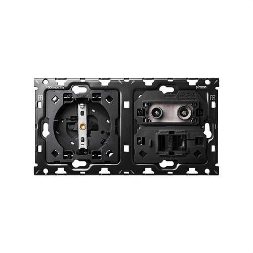 Kit arrière pour 2 éléments avec 1 prise de courant schuko et 1 prise R-TV+SAT unique avec 1 connecteur RJ45 6 UTP Simon 100 avec la référence 10010208-039 de la marque SIMON