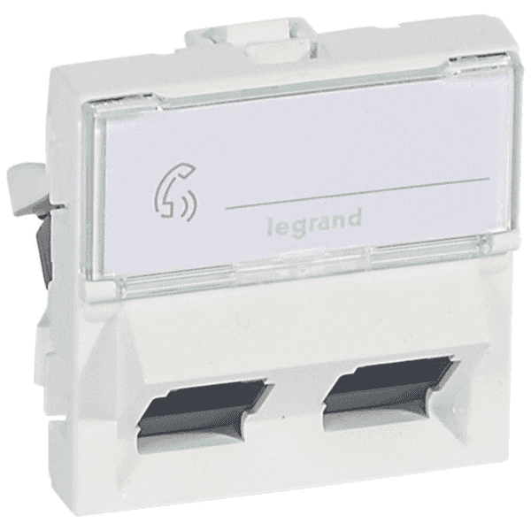 Prise double RJ45 Legrand Mosaic Cat 6 UTP 45° 2 modules blanc avec la référence 076504 de la marque LEGRAND