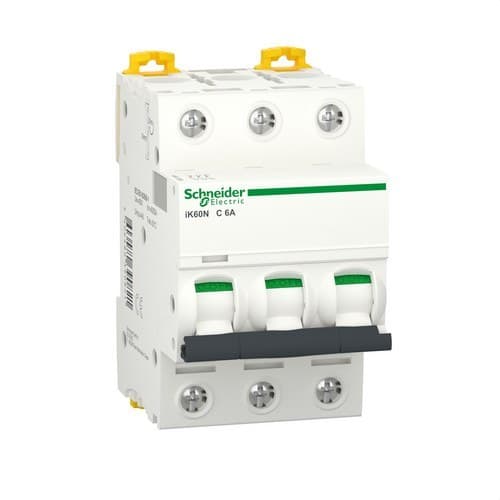 Disjoncteur magnétothermique IK60N 3P 6A Courbe C avec la référence A9K17306 de la marque SCHNEIDER ELECTRIC