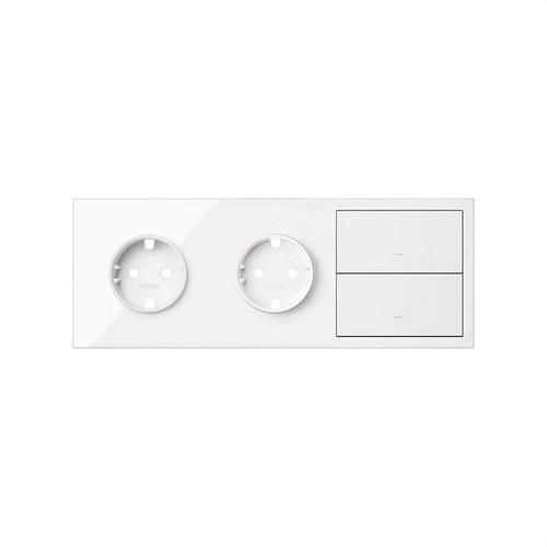 Kit frontal pour 3 éléments avec 2 prises Schuko et 2 touches blanc brillant Simon 100 avec la référence 10020310-130 de la marque SIMON
